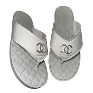 Chanel 23P White Fabric CC Logo Mule Slip On Thong Flip Flop Flat Sandal 41
